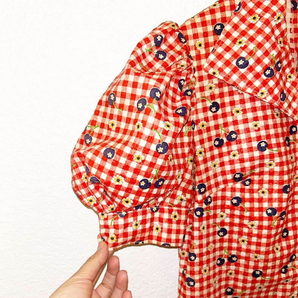 VINTAGE Handmade Seersucker Gingham & Blueberries Collared Mini Dress SZ: SMALL - Picture 4 of 11